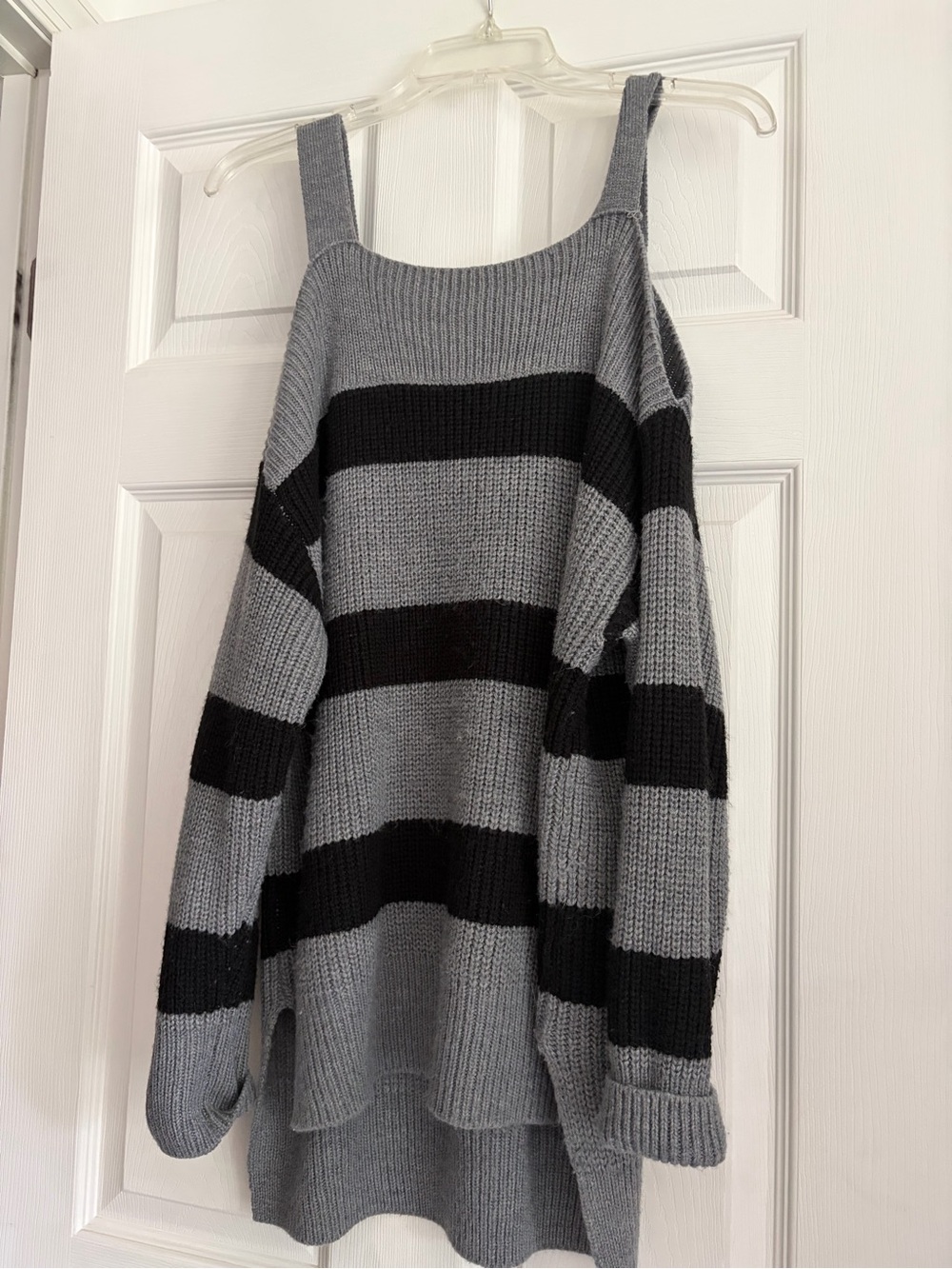 Striped Off-Shoulder Gray & Black Knit Sweater